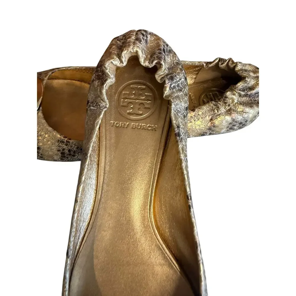 Tory Burch Reva Snake Python Print Ballet Flats Metallic Gold  7
